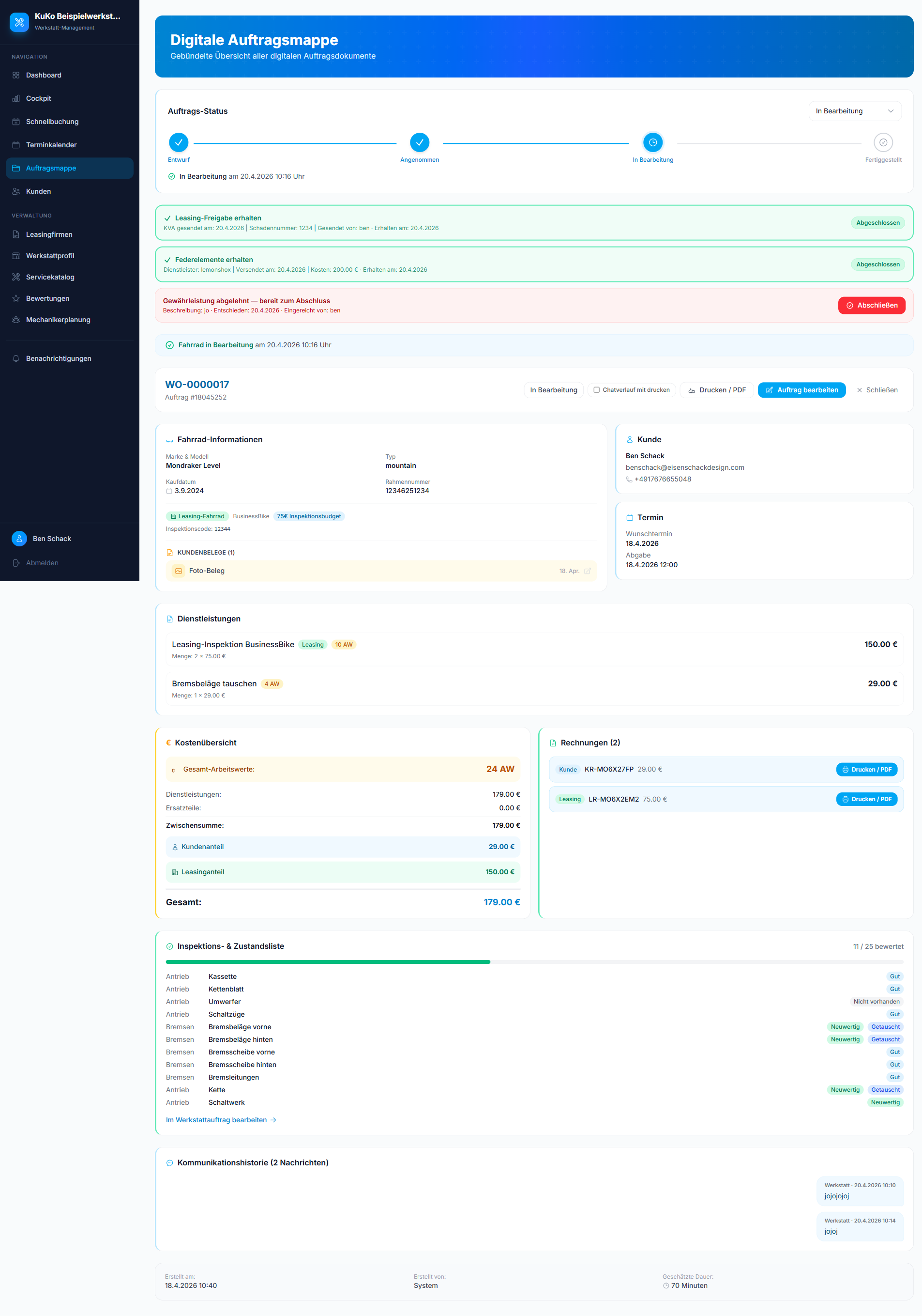 Werkstattauftrag mit sichtbarem Gewährleistungs-Workflow, Leasing-Freigabe und Kostenübersicht